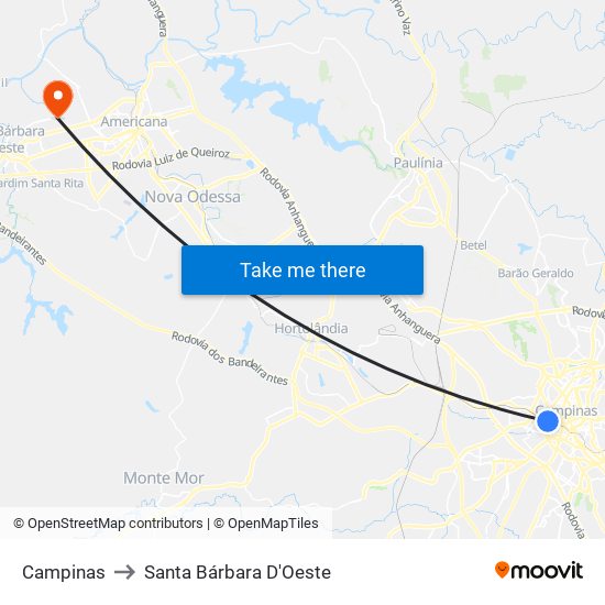 Campinas to Santa Bárbara D'Oeste map