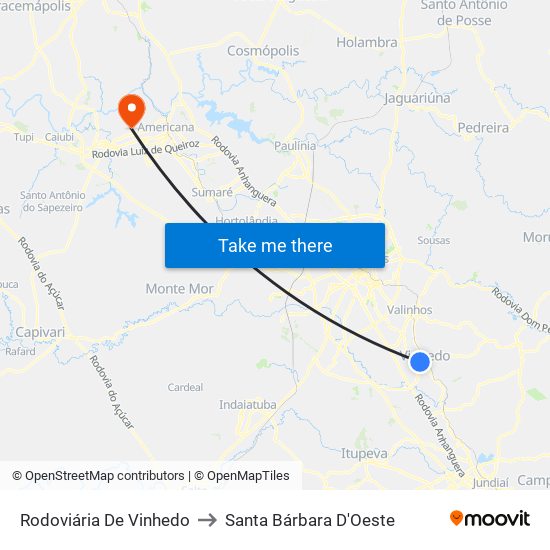 Rodoviária De Vinhedo to Santa Bárbara D'Oeste map