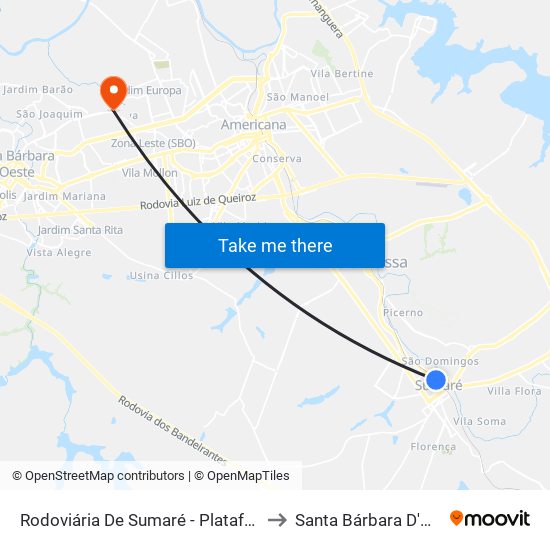 Rodoviária De Sumaré - Plataforma 2 to Santa Bárbara D'Oeste map