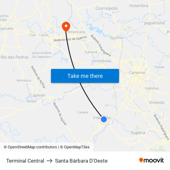 Terminal Central to Santa Bárbara D'Oeste map