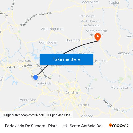 Rodoviária De Sumaré - Plataforma 2 to Santo Antônio De Posse map