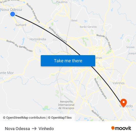 Nova Odessa to Vinhedo map