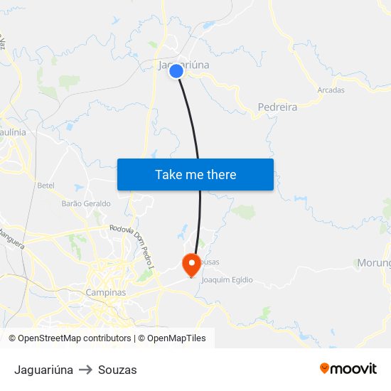 Jaguariúna to Souzas map