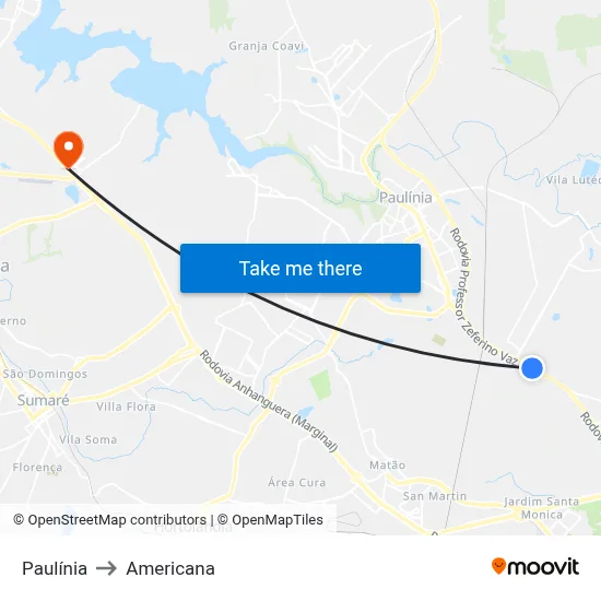 Paulínia to Americana map