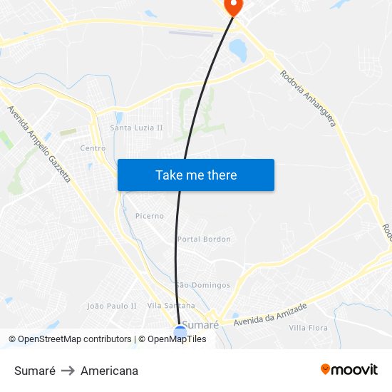 Sumaré to Americana map