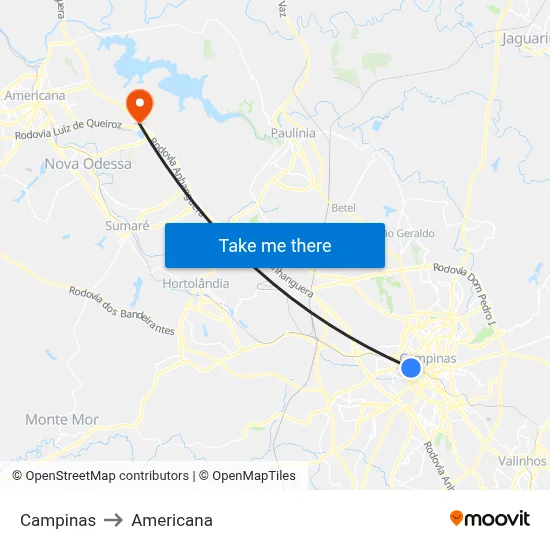 Campinas to Americana map