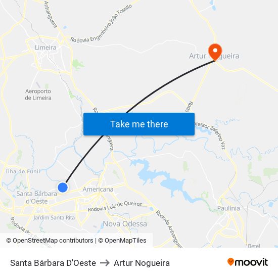 Santa Bárbara D'Oeste to Artur Nogueira map