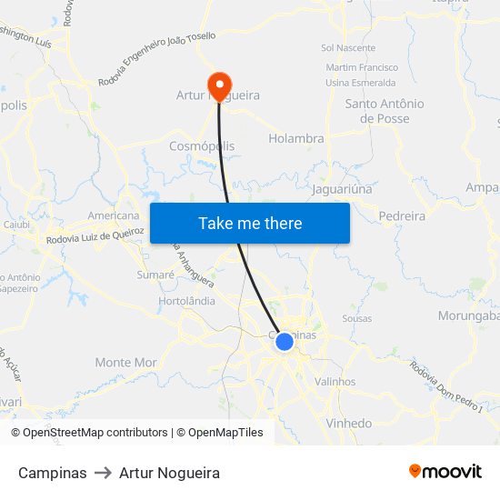 Campinas to Artur Nogueira map