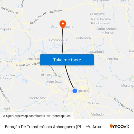 Estação De Transferência Anhanguera (Plataforma 2 - Sentido Anhanguera) to Artur Nogueira map