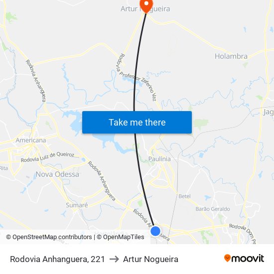 Rodovia Anhanguera, 221 to Artur Nogueira map