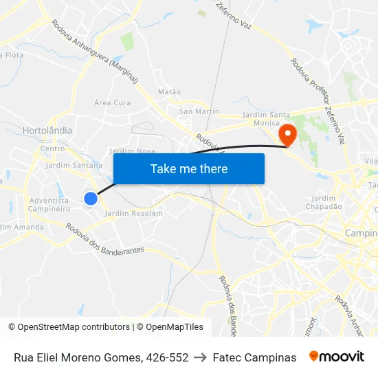 Rua Eliel Moreno Gomes, 426-552 to Fatec Campinas map