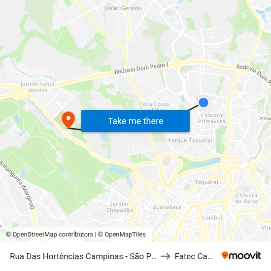 Rua Das Hortências Campinas - São Paulo 13087 Brasil to Fatec Campinas map
