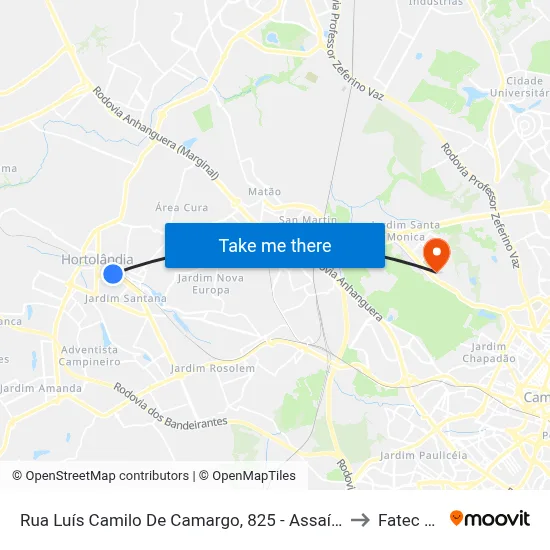 Rua Luís Camilo De Camargo, 825 - Assaí - Lot. Remanso Campineiro, Hortolândia to Fatec Campinas map