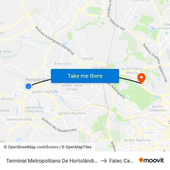 Terminal Metropolitano De Hortolândia (Desembarque) to Fatec Campinas map