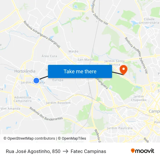 Rua José Agostinho, 850 to Fatec Campinas map