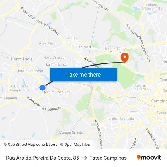 Rua Aroldo Pereira Da Costa, 85 to Fatec Campinas map
