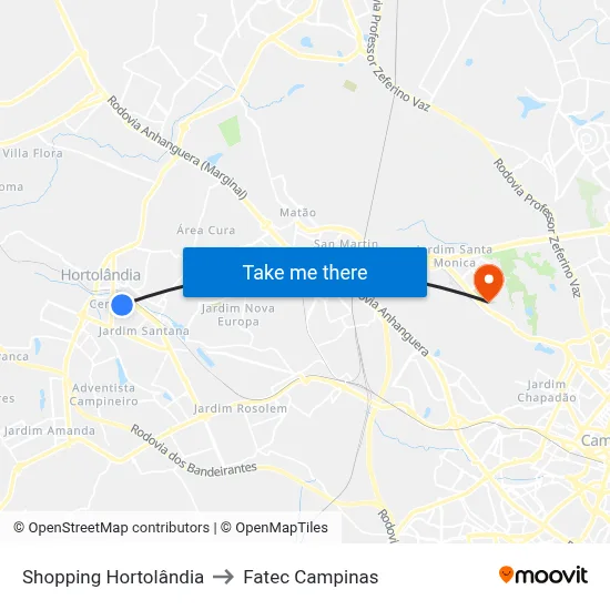 Shopping Hortolândia to Fatec Campinas map