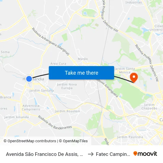 Avenida São Francisco De Assis, 116 to Fatec Campinas map