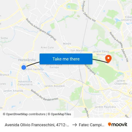 Avenida Olívio Franceschini, 4712-4792 to Fatec Campinas map