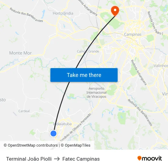 Terminal João Piolli to Fatec Campinas map