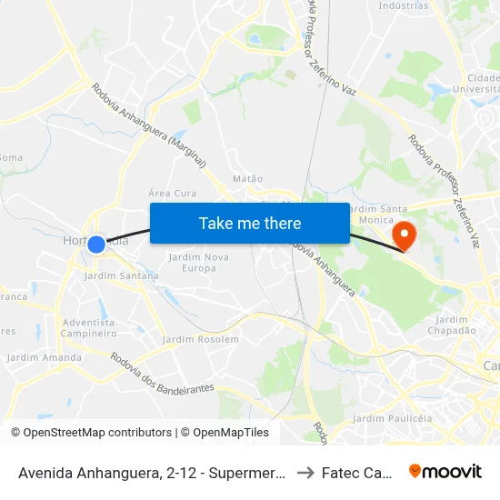 Avenida Anhanguera, 2-12 - Supermercado São Vicente to Fatec Campinas map
