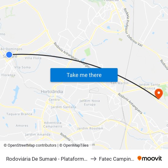 Rodoviária De Sumaré - Plataforma 2 to Fatec Campinas map