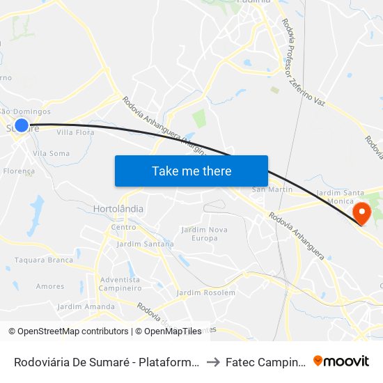 Rodoviária De Sumaré - Plataforma 4 to Fatec Campinas map