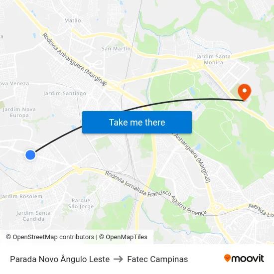 Parada Novo Ângulo Leste to Fatec Campinas map