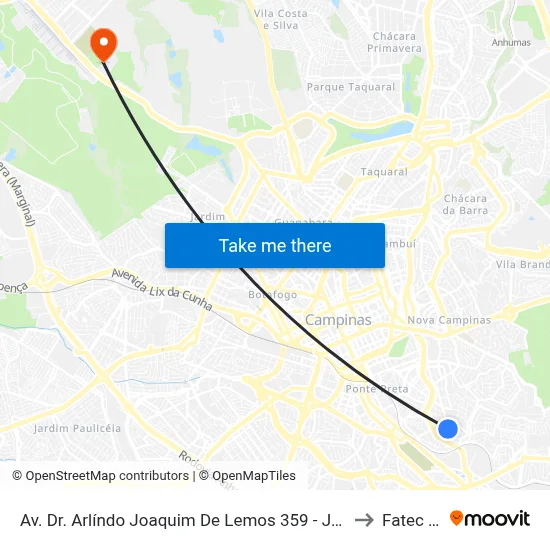 Av. Dr. Arlíndo Joaquim De Lemos 359 - Jardim Proença Campinas - SP 13100-451 Brasil to Fatec Campinas map