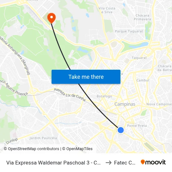 Via Expressa Waldemar Paschoal 3 - Centro Campinas - SP Brasil to Fatec Campinas map