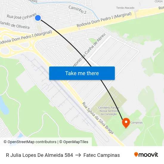 R Julia Lopes De Almeida 584 to Fatec Campinas map