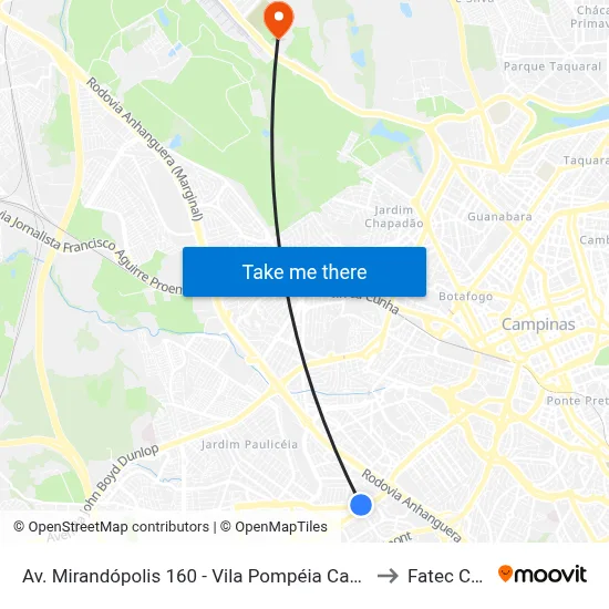 Av. Mirandópolis 160 - Vila Pompéia Campinas - SP 13050-470 Brasil to Fatec Campinas map
