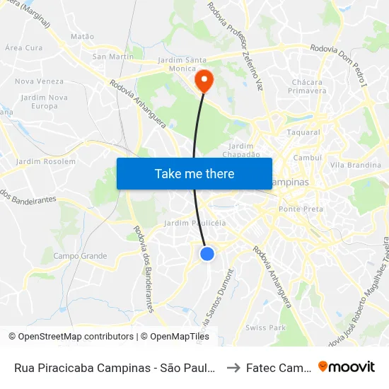 Rua Piracicaba Campinas - São Paulo 13050 Brasil to Fatec Campinas map