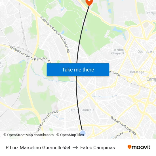 R Luiz Marcelino Guernelli 654 to Fatec Campinas map