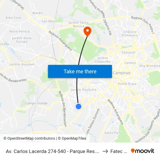 Av. Carlos Lacerda 274-540 - Parque Res. Vila União Campinas - SP 13060-797 Brasil to Fatec Campinas map