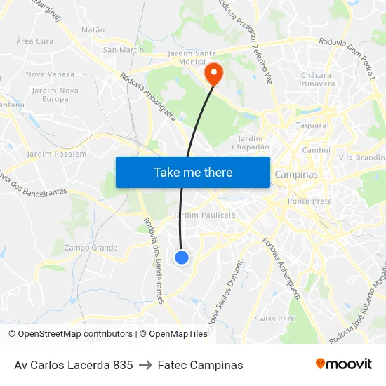 Av Carlos Lacerda 835 to Fatec Campinas map