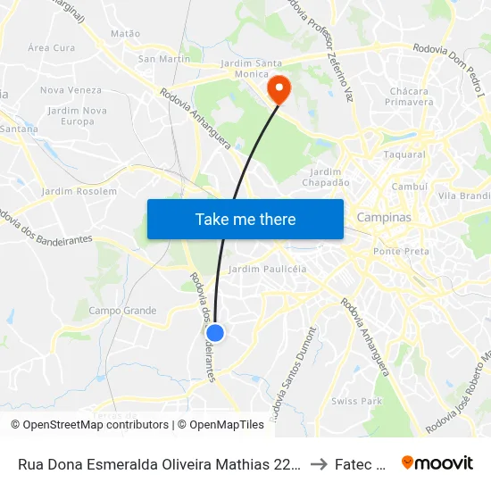 Rua Dona Esmeralda Oliveira Mathias 220 Campinas - São Paulo 13060 Brasil to Fatec Campinas map