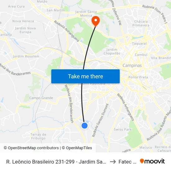 R. Leôncio Brasileiro 231-299 - Jardim Santa Terezinha Campinas - SP 13052-150 Brasil to Fatec Campinas map