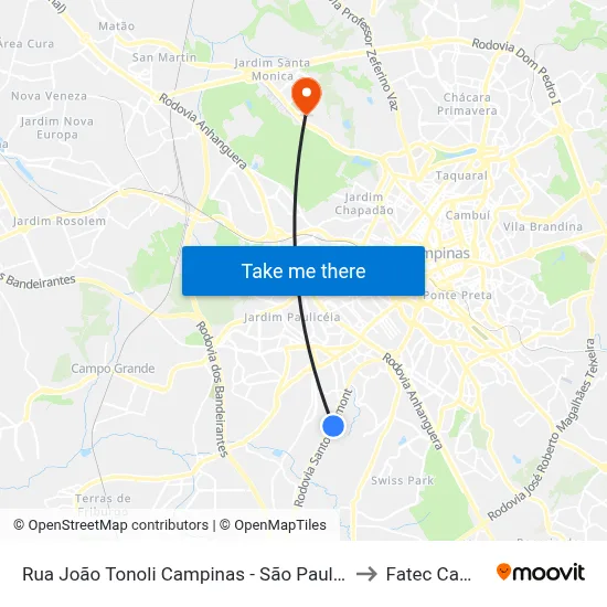 Rua João Tonoli Campinas - São Paulo 13051 Brasil to Fatec Campinas map
