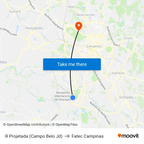 R Projetada (Campo Belo Jd) to Fatec Campinas map