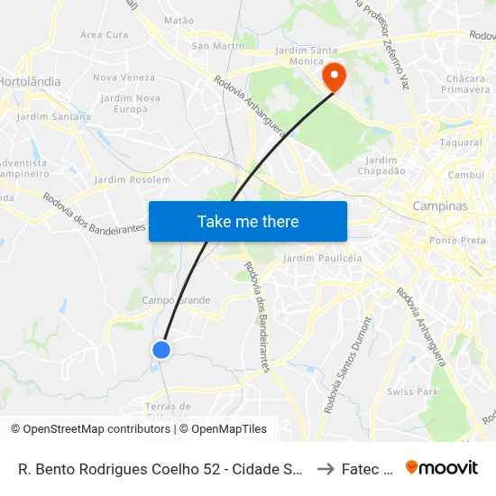 R. Bento Rodrigues Coelho 52 - Cidade Satélite Íris Campinas - SP 13059-585 Brasil to Fatec Campinas map