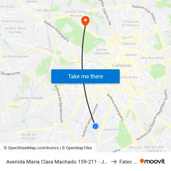 Avenida Maria Clara Machado 159-211 - Jardim Santa Cruz Campinas - SP 13051-207 Brasil to Fatec Campinas map