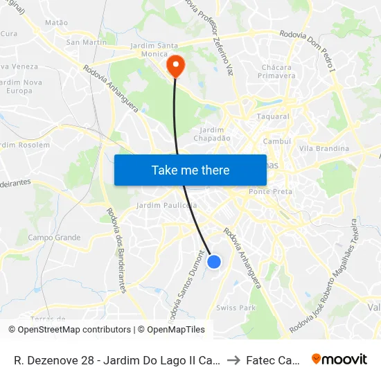 R. Dezenove 28 - Jardim Do Lago II Campinas - SP Brasil to Fatec Campinas map