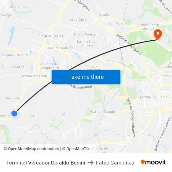 Terminal Vereador Geraldo Benini to Fatec Campinas map