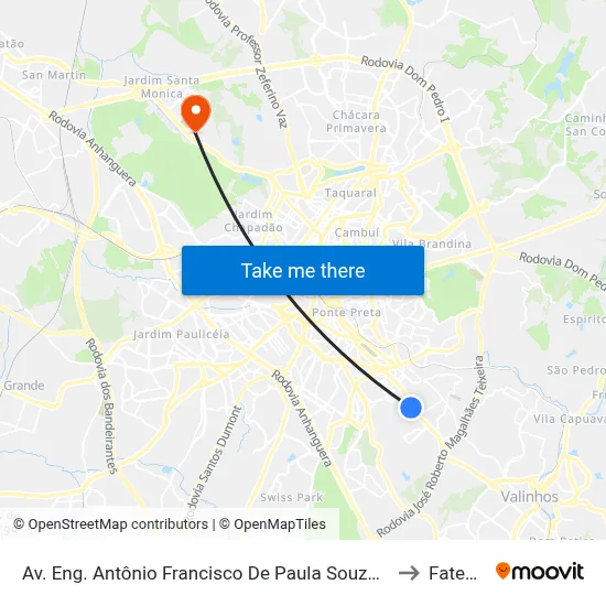 Av. Eng. Antônio Francisco De Paula Souza 2940 - Jardim São Vicente Campinas - SP 13044-502 Brasil to Fatec Campinas map