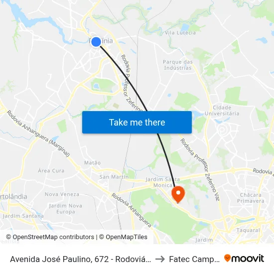 Avenida José Paulino, 672 - Rodoviária Velha to Fatec Campinas map