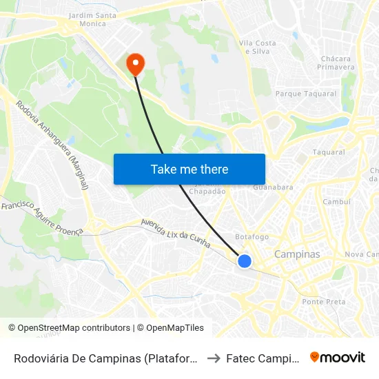 Rodoviária De Campinas (Plataformas) to Fatec Campinas map