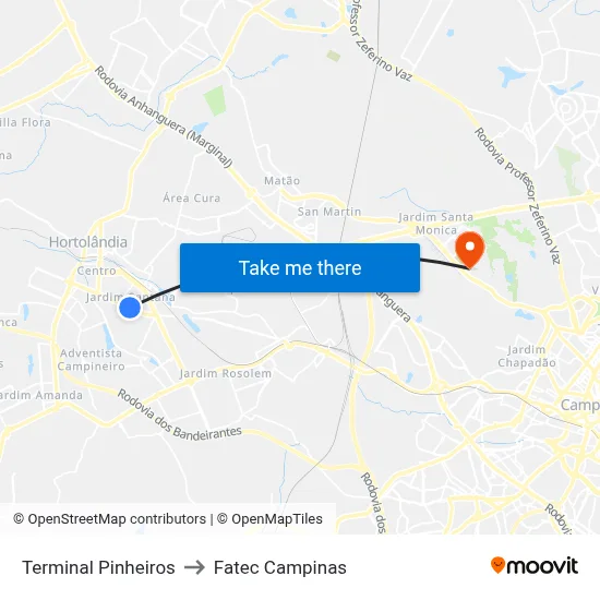Terminal Pinheiros to Fatec Campinas map