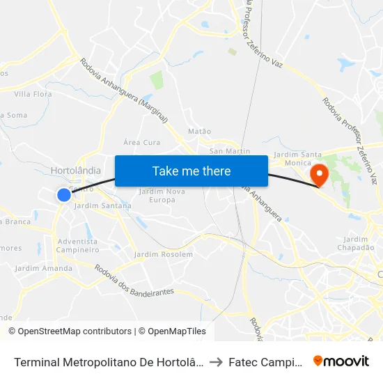 Terminal Metropolitano De Hortolândia to Fatec Campinas map