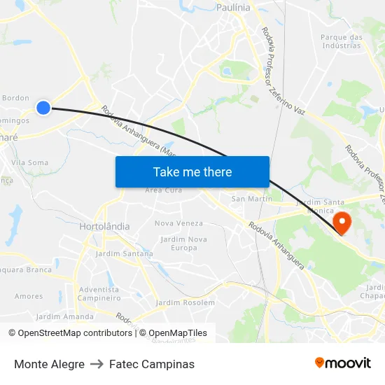 Monte Alegre to Fatec Campinas map